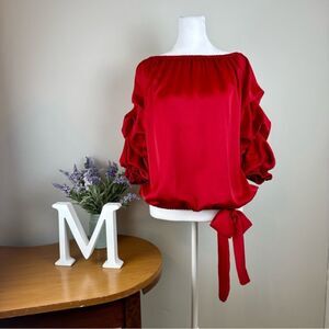 Prelude Shimmer On or Off the Shoulder Lantern Sleeve Tie Side Top - Size Large